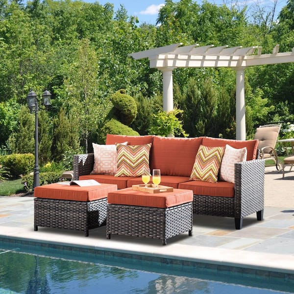 XIZZI Megon Holly Gray 3-Piece Wicker Outdoor Patio Conversation Seating Sofa Set with Orange Red Cushions