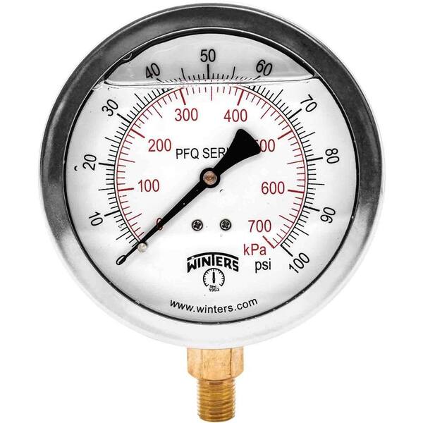 Winters Instruments PFQ Series 4 in. Stainless Steel Liquid Filled Case Pressure Gauge with 1/4 in. NPT LM and Range of 0-100 psi/kPa