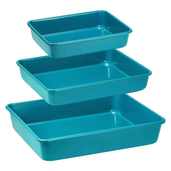 4 qt. Deep Baking Pan Set 3 Pack Blue Nonstick Carbon Steel Oven Safe Rectangle Bakeware Rack for Lasagna Cake