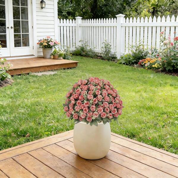 2 ft. Artificial Lifelike Faux Floral Pink Rose in Pot, UV