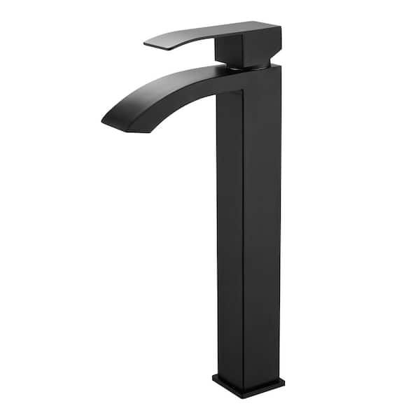 PERLIRIA INC Single Handle Waterfall Vessel Sink Faucet. Single Hole Square Bathroom Faucet in Matte Black