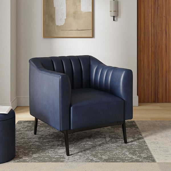 JAYDEN CREATION Curtis Navy Industrial Leather 30 in. Wide Chair with Channel Tufting and Metal Leg