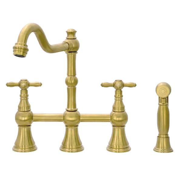 Akicon Solid Brass Kitchen Faucet with Side Sprayer- 2 Cross Handles, Brushed Gold
