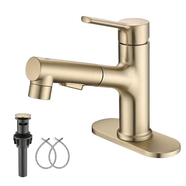 Single Handle Pull Out Sprayer Single Hole Bathroom Faucet Deckplate and Pop Up Drain Included in Brushed Gold
