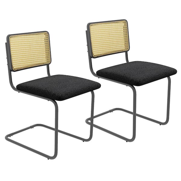 Costway Black Dining Chairs (Set of 2) Rattan Upholstered Dining Chairs with Cane Back and Metal Base