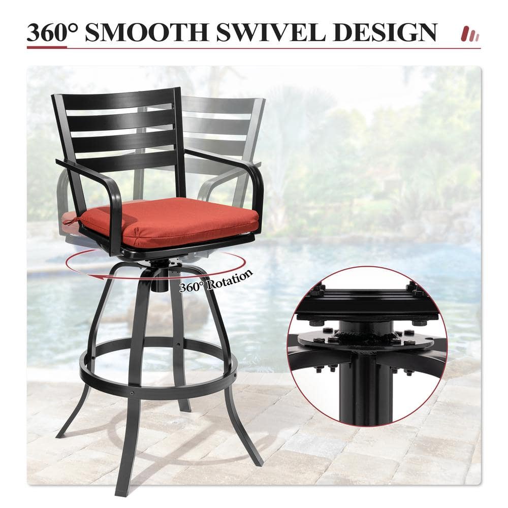 Red Cushioned Black Cast Aluminum Swivel Bar Height Armchair