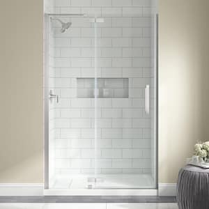 Delaney 48 in. W x 74.02 in. H Pivot Frameless Shower Door in Brushed Nickel Finish with Clear Glass