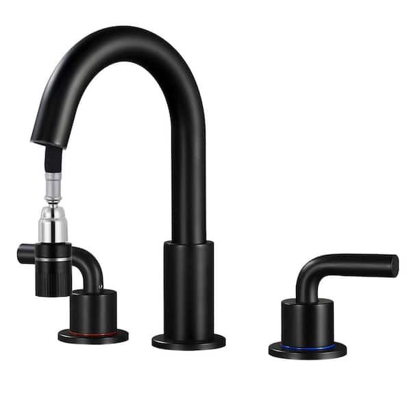 AKLFGN 8 in. Widespread Double Handle Bathroom Faucet with Pull Out Sprayer, Bathroom Sink Faucet in Matte Black