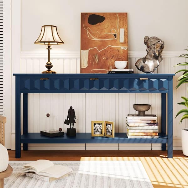 Janet Vintage 60 in. Navy Blue Rectangle MDF and Solid Wood Console Table with 3 Drawers, Bottom Shelf