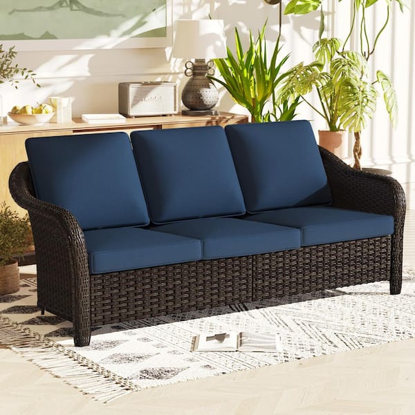 Gardenbee 3 Seat Wicker Outdoor Patio Sofa Sectional Couch with Blue Cushions MA06 DKB B5 HG
