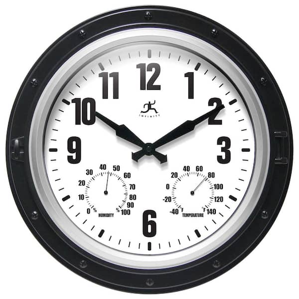 Infinity Instruments Forecaster Black Wall Clock with Built-In Thermometer and Hygrometer, 16 in. Diameter