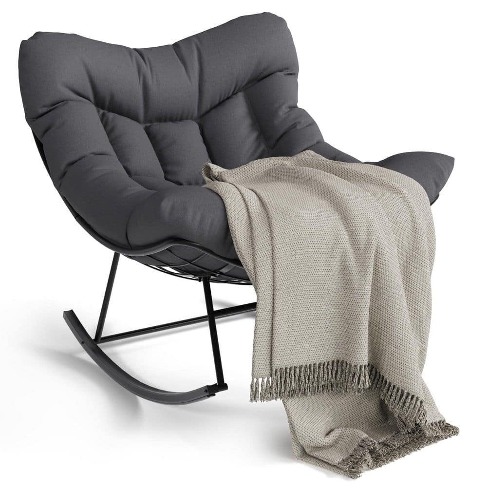 Black Metal Outdoor Rocking Chair with Grey Cushions, Egg Rocker for Bedroom, Balcony, Backyard, Porch price history on PriceWatchPro