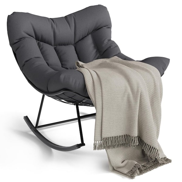 Black Metal Outdoor Rocking Chair with Grey Cushions, Egg Rocker for ...