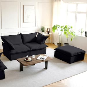 83 in. Flared Arm 3-Piece Overstuffed Linen Flannel L-shaped Deep Seat Sectional Sofa Cloud Couch with Ottoman in Black