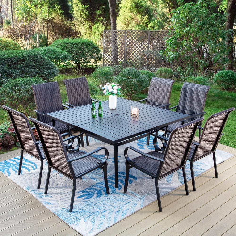 PHI VILLA 9-Piece Metal Outdoor Dining Set with Square Table and Curved ...