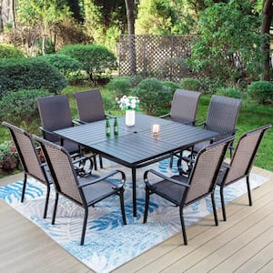 9-Piece Metal Outdoor Dining Set with Square Table and Curved Armrest High-Back Rattan Chairs
