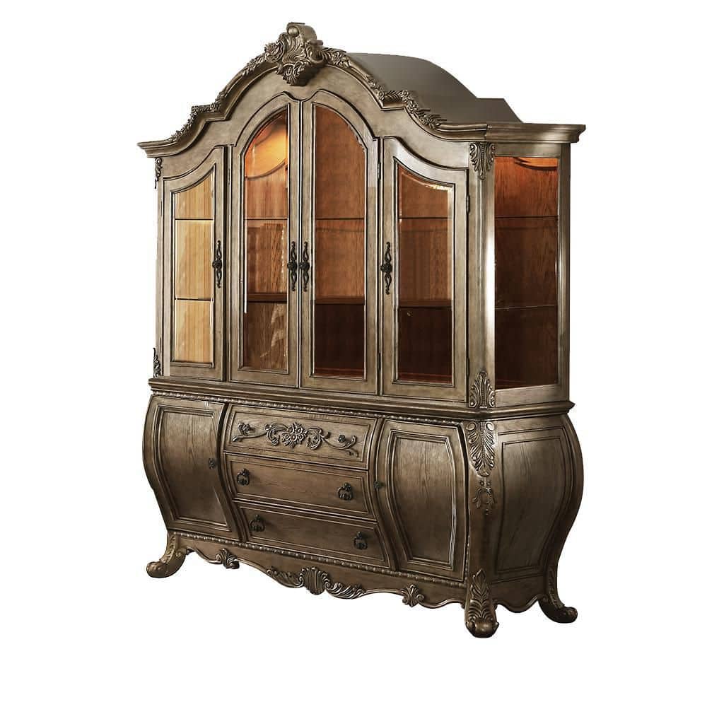 Elegant 72" Vintage Oak Lighted China Cabinet with Intricate Carvings