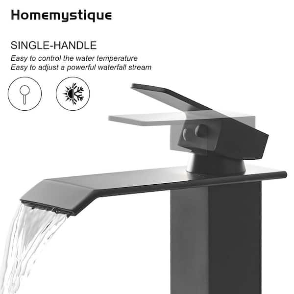 Single Handle Waterfall Vessel Sink Faucet with Pop-Up Drain and Brass Bathroom Faucet in Matte Black (Valve Included)