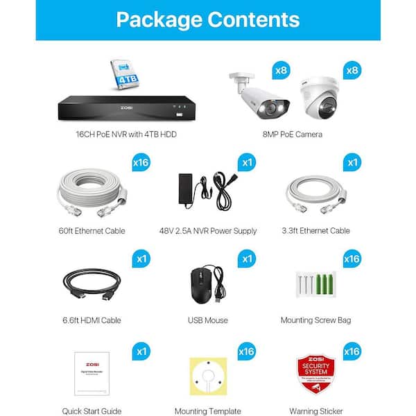 ZOSI 4K UHD 16-Channel POE 4TB NVR Security Camera System with 16
