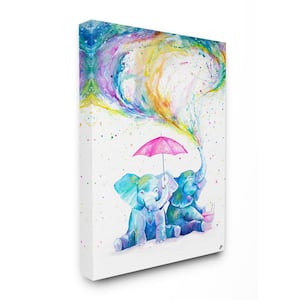 30 in. x 40 in. "Rainbow Watercolor Spraying Elephants with Pink Umbrella" by MarcAllante Canvas Wall Art