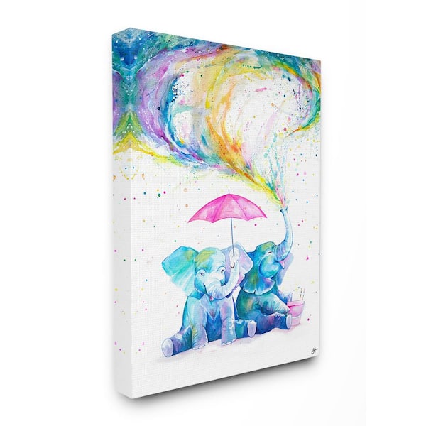 16 in. x 20 in. "Rainbow Watercolor Spraying Elephants with Pink Umbrella" by MarcAllante Canvas Wall Art
