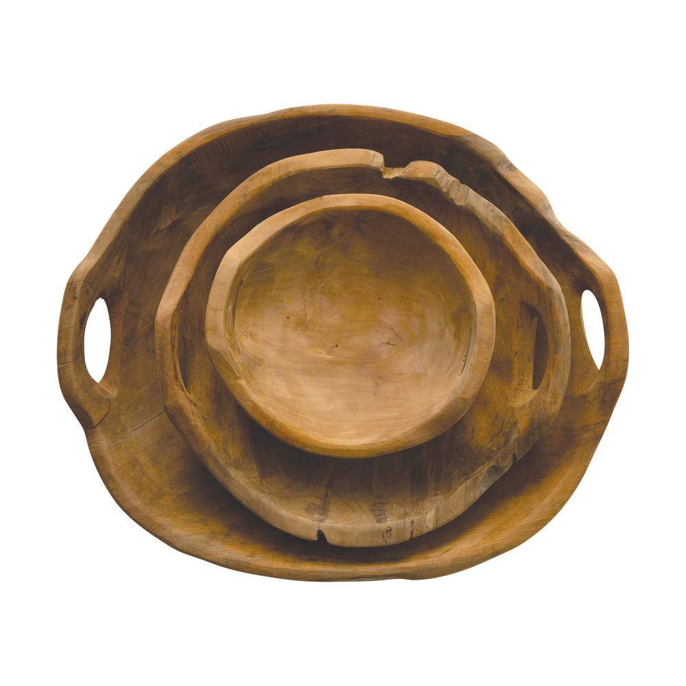 Hand-Carved Teak Wood Serving Bowls with Handles, Set of 3
