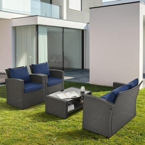 4-Piece PE Rattan Wicker Outdoor Patio Furniture Set, Sectional Sofa Set, Tempered Glass Table Top, with Blue Cushions