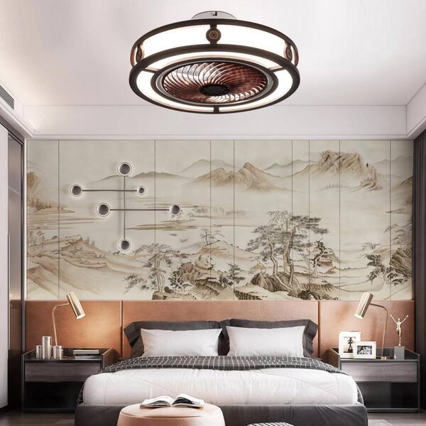 OUKANING 20 in. LED Indoor Dark Brown Neo-Chinese Style Caged Low