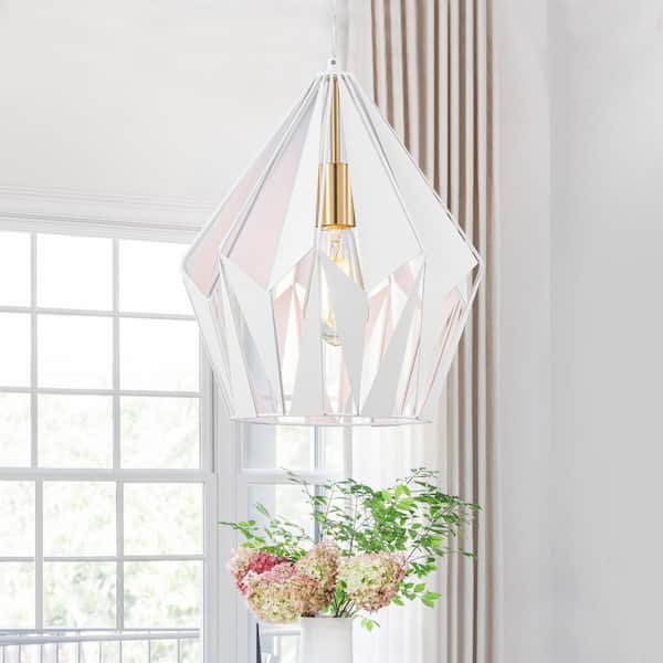 11.81 in. 1-Light Industrial Matte White Metal Diamond Shaped Pendant Light Geometric Hanging Ceiling Cage Shade