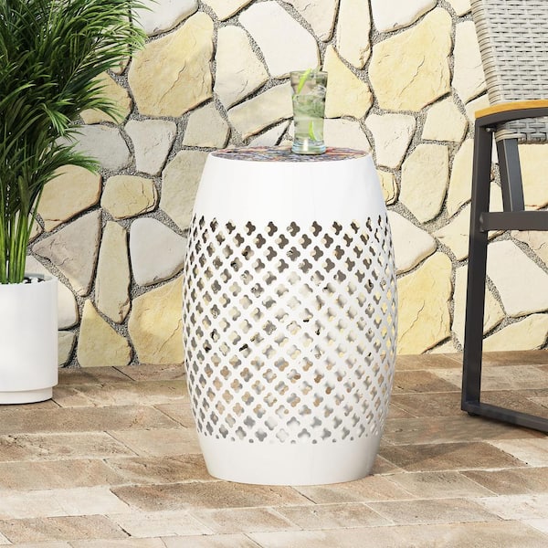 Noble House Roswell White Cylinder Metal Outdoor Patio Side Table with Multicolor Tile Top