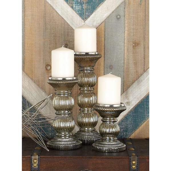 Gray Glass Handmade Turned Style Pillar Candle Holder (Set of 3)