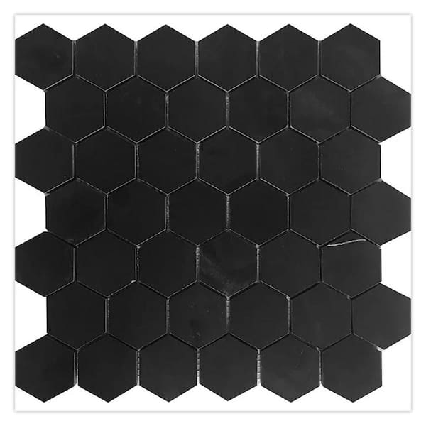 Apollo Tile Noir Luxe 12 in. x 12 in. Honed Jet Black Marble Mosaic Hexagon Wall and Floor Tile (4.83 sq. ft./case)-5 Pack