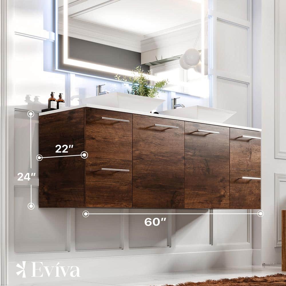 60'' Rosewood Double Wall-Mount Vanity with White Quartz Top