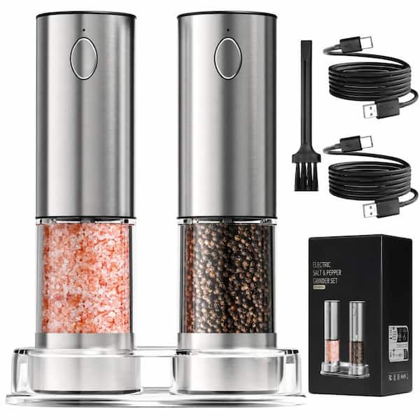 Automatic Salt and Pepper Grinder Set with USB Charging Base, 100 ml Washable Container and LED Light, 2-Pack