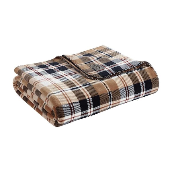 Eddie Bauer Trailhead Plaid Reversible Camel/Navy Ultra Soft Plush Fleece Twin Blanket