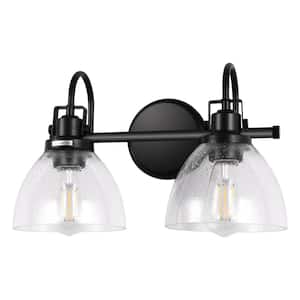 Farmhouse Vintage 16 in. 2-Light Matte Black Vanity Light with Seeded Glass Shades