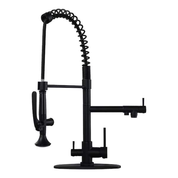 22.3 in. Double Handle Brass Pre-Rinse Spring Pull Down Sprayer Kitchen Faucet with 360° Swivel Spout in Matte Black