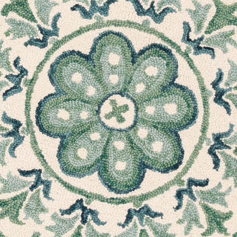 Ivory and Teal Floral Tufted Wool Round Rug