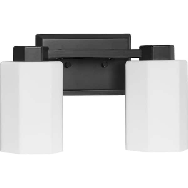 Progress Lighting Estrada 13.37 in. 2-Light Matte Black Vanity Light with Opal Glass Shade