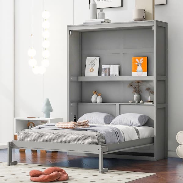 Gray Wood Frame Full Size Murphy Bed with Shelves