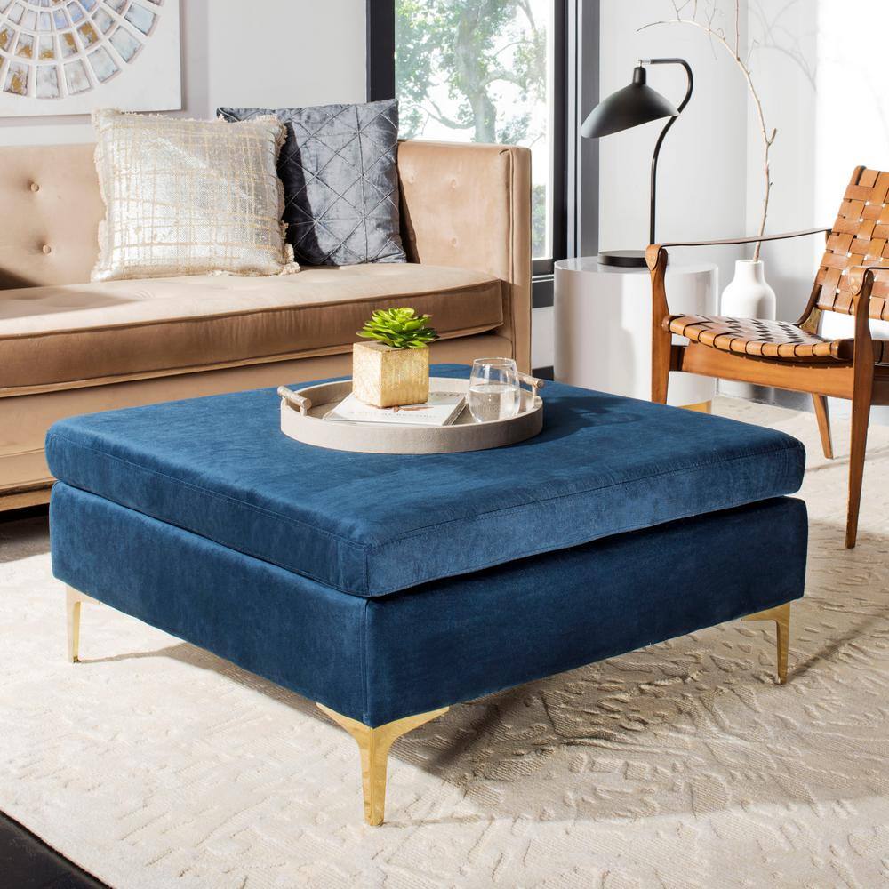Giovanna Navy Velvet 36" Square Ottoman with Brass Metal Legs
