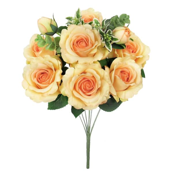 LIVING LUXURY 20 in. Deluxe Peach Artificial Sweet Rose Flower Stem Bush Bouquet (Set of 2)