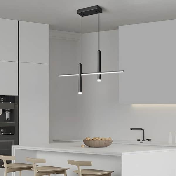 Modern LED 3 Light Linear Pendant Light with Dual Spotlights Dimmable 6000K Pendant Ceiling Hanging Black Chandeliers