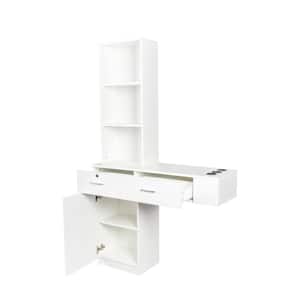 39.76 in. W x 13.15 in. D x 66.93 in. H White Wood Large Linen Cabinet with Drawers, Doors, Open Shelves and Holes