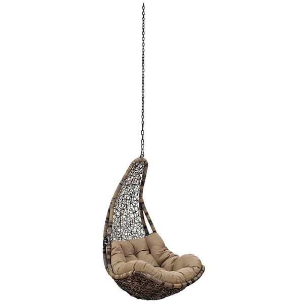 MODWAY Abate Black Wicker Rattan Outdoor Patio Swing Chair with Hanging Steel Chain with Mocha Cushion