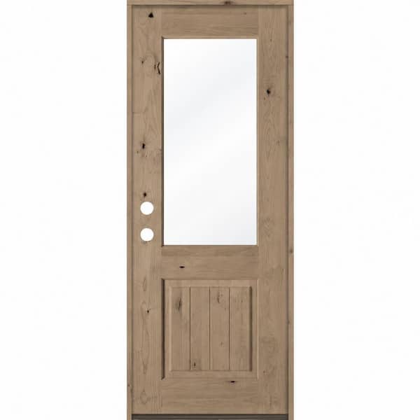 36 x 96 in. Knotty Alder Right-Hand/Inswing VG Half-Lite Clear Glass BEHR Weathered Gray Stain Wood Prehung Front Door