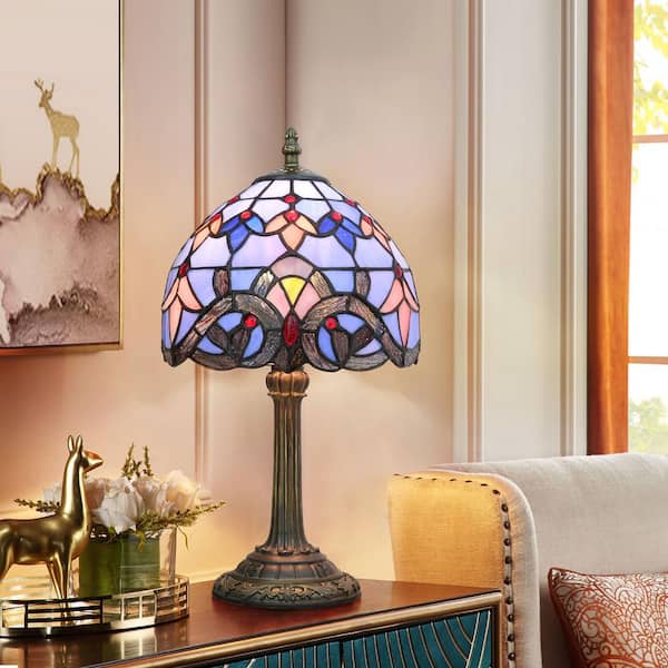 Lasaideal 14 in. Tiffany Style Bronze Finish Table Lamp with Multi-Colored Blue Baroque Stained Glass Lamp Shade