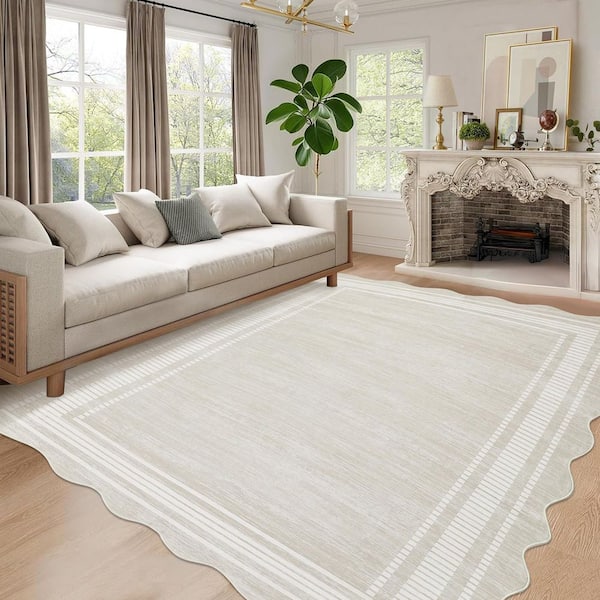 8 X 10 ft. Beige White Scallop Area Rug, Washable Rug, Non-Slip Low-Pile Solid Rug, for Bedroom, Living Room, Office