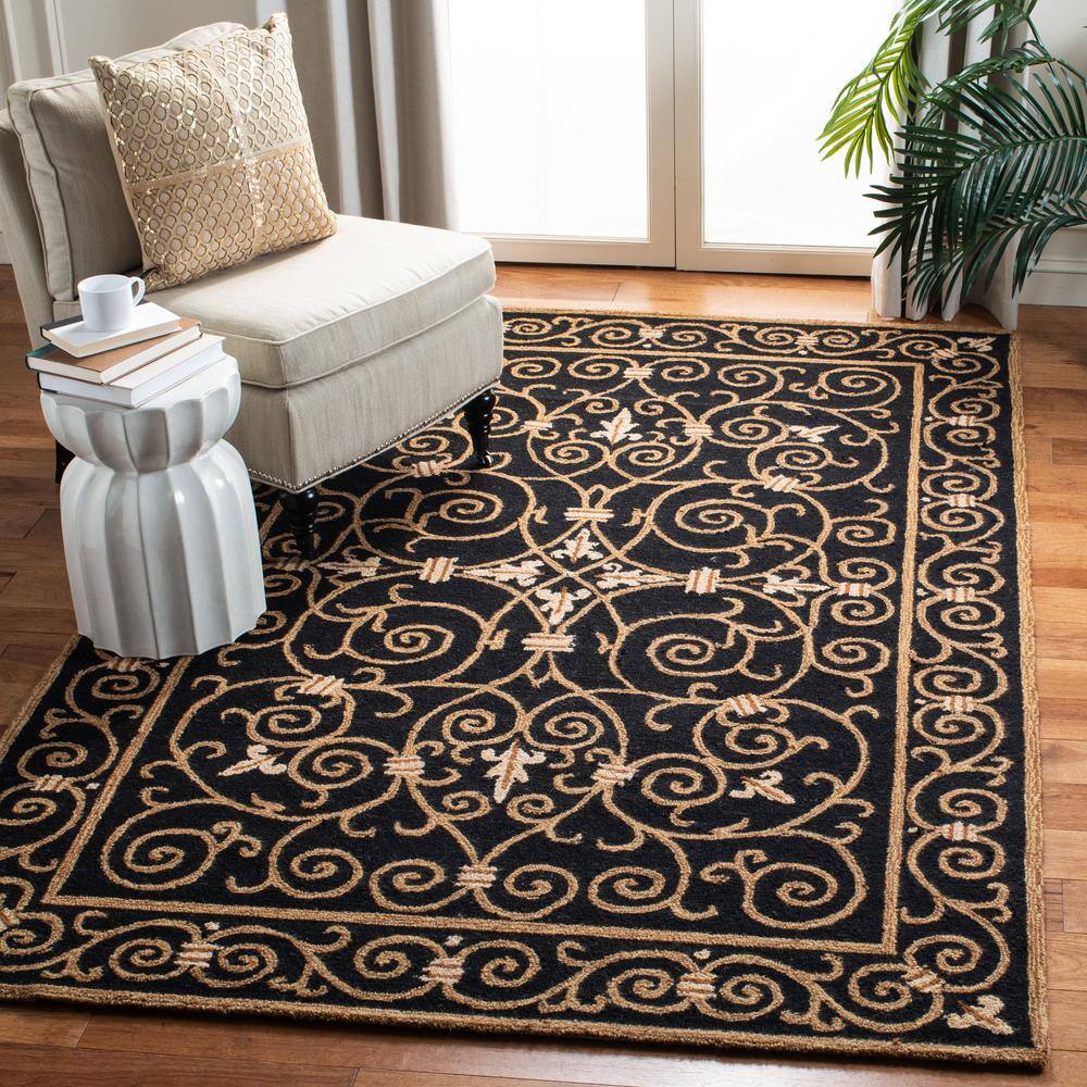 Handmade Black Floral Wool Rectangular Area Rug