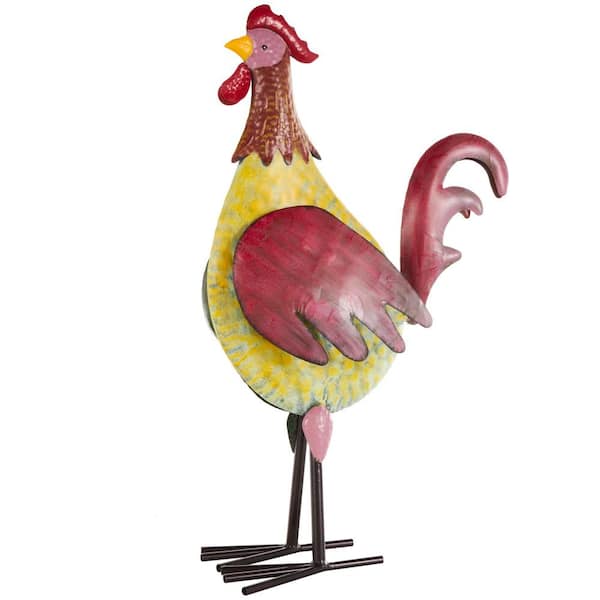 Litton Lane 28 in. Metal Textured Rooster Garden Sculpture with Red Accents